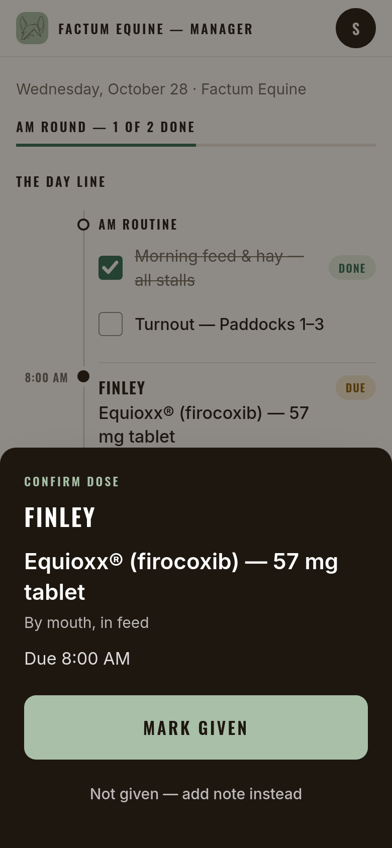 Ink confirmation sheet for a medication dose: drug, amount, horse, and time, confirmed with one large control