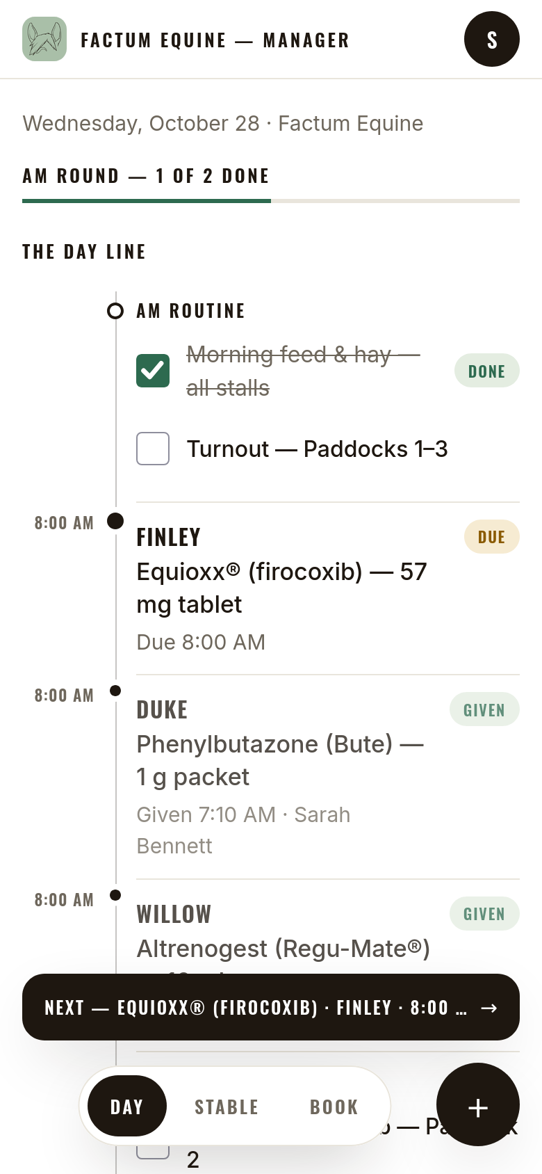 Manager's Day Line: AM rounds, Finley's Equioxx due, Duke's and Willow's doses marked given with the giver's name
