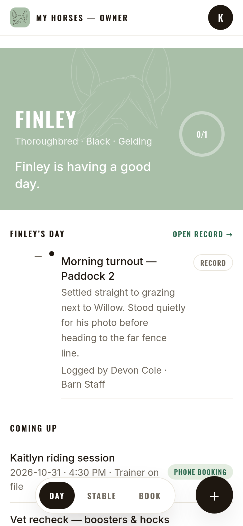 Owner's view: Finley's day on an eucalyptus header — all doses given, with the day's entries below